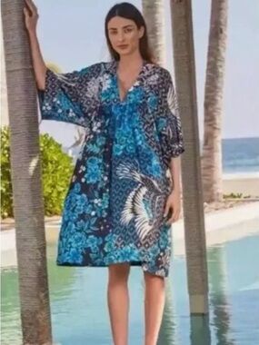 Johnny Was California Blue Phoenix Dress Floral With Crane V-Neck Coverup. Small